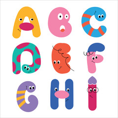 Funny alphabet letters - A, B, C, D, E, F, I, H, G