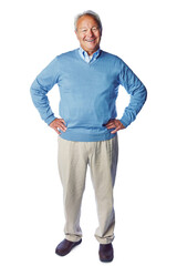 Fototapeta premium Senior man, happiness n portrait with retirement, life insurance and smile with mockup isolated on white background. Pensioner, happy old man and positive mindset with vitality, elderly and wellness