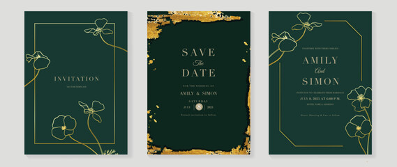 Luxury wedding invitation card background vector. Elegant gold botanical flower line art with frame and golden brush stroke texture. Design illustration for wedding and vip cover template, banner.