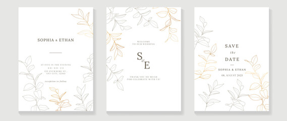 Luxury wedding invitation card background vector. Abstract botanical leaf branch contour drawing line art texture template background. Design illustration for wedding and vip cover template, banner.