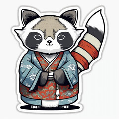 racoon, t-shirt or sticker design,  anime style racoon in japanese traditional clothes