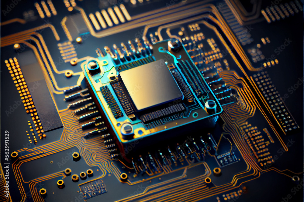 Poster Computer processor chip on a circuit board with microchips. Circuit board. Technology background. Central Computer Processors CPU.