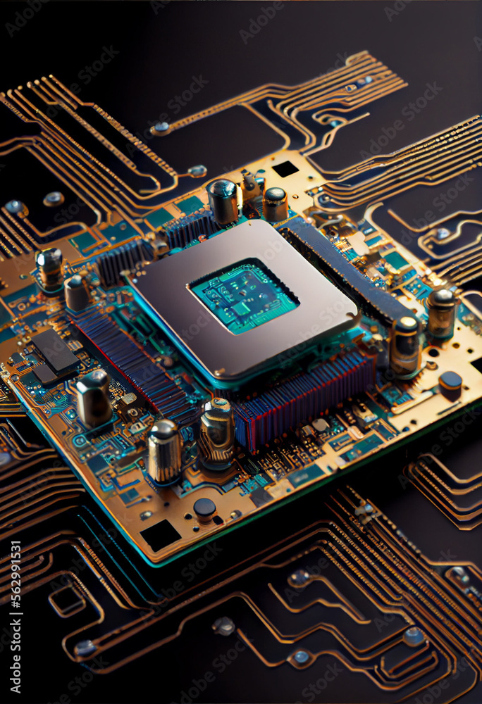Poster Computer processor chip on a circuit board with microchips. Circuit board. Technology background. Central Computer Processors CPU.