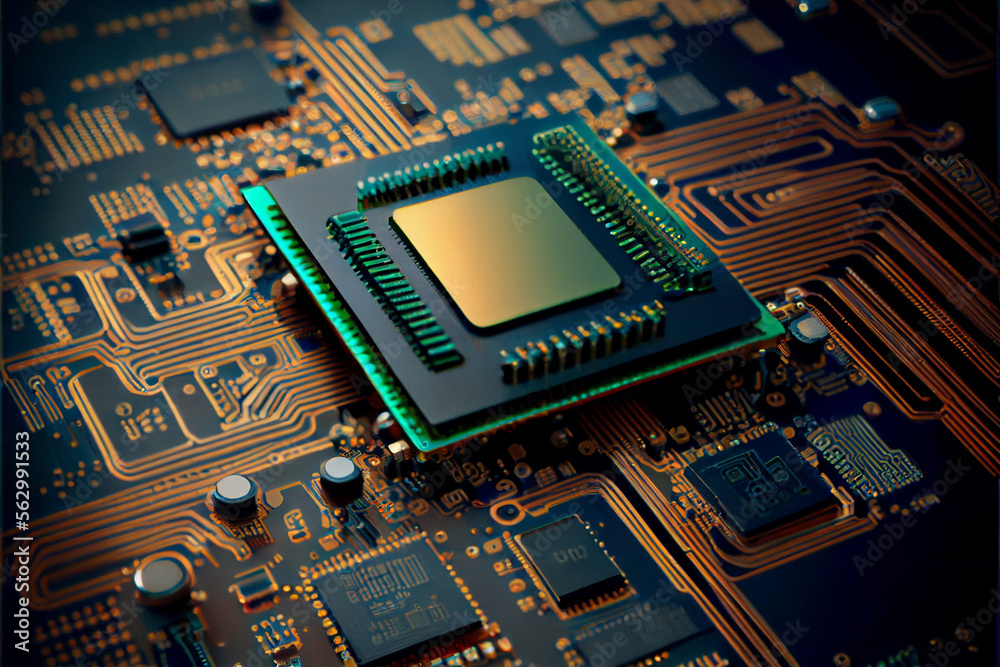 Poster Computer processor chip on a circuit board with microchips. Circuit board. Technology background. Central Computer Processors CPU.