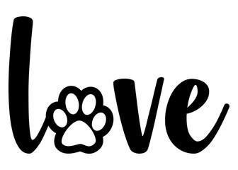 Logo pet friendly. Letras de la palabra love con zarpa de perro o gato en lugar de letra o. Texto manuscrito love	