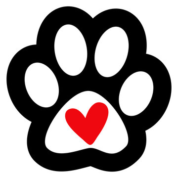 Logo pet friendly. Icono aislado corazón en zarpa de perro o gato en espacio negativo