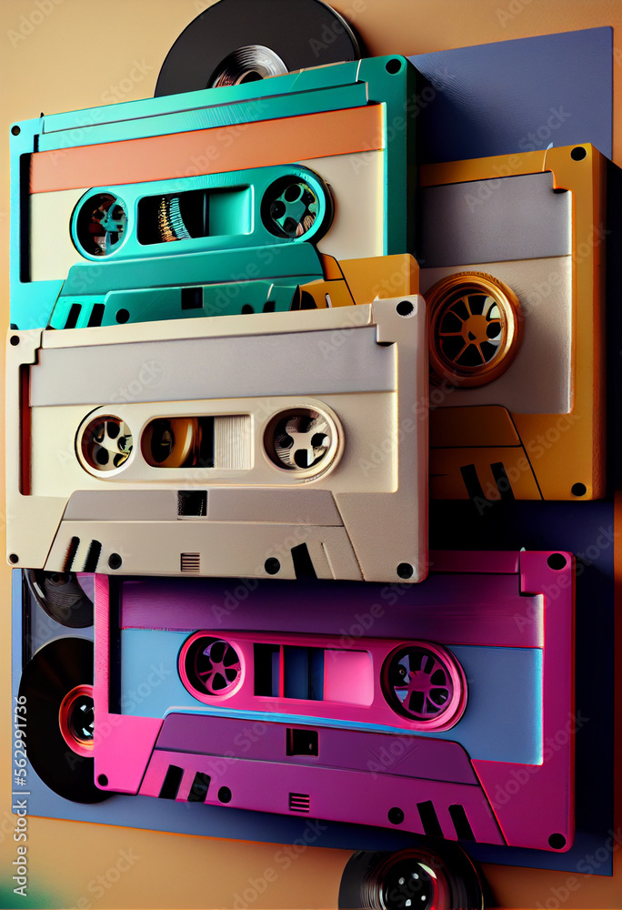 Poster beautiful magnetic cassette tapes on a multicolored background. creative concept of retro style.