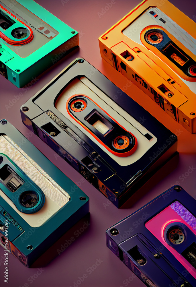 Poster beautiful magnetic cassette tapes on a multicolored background. creative concept of retro style.
