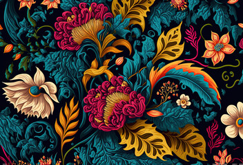 Folk floral wallpaper, Generative AI - obrazy, fototapety, plakaty
