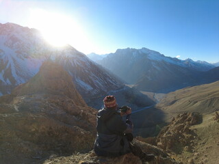 Spiti, Himachal Pradesh, India - April 1st, 2021 : Photo of a Vlogger in Upper Himalayas, Local Traditional House