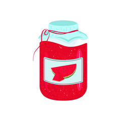 A jar of watermelon jam. Berry compote, syrup. Vector in the flat style.