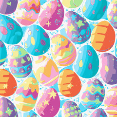 Illustration of many colorful decorated Easter eggs background pattern, red, yellow, green, blue, bright and pastel