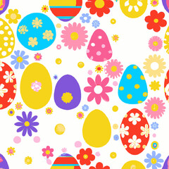 Illustration of many colorful decorated Easter eggs and flowers background pattern, red, yellow, green, blue, bright and pastel