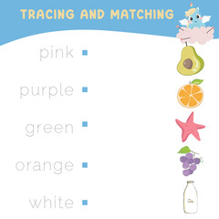 Trace and match words with pictures. Exercise for children to recognize color. Educational worksheet for preschool. Vector file. 