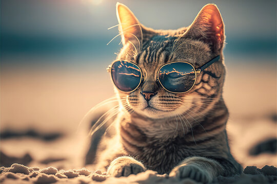 Cool cat with sunglasses on the beach 