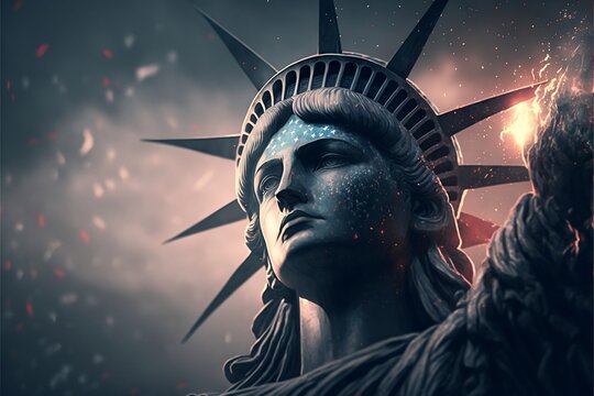 Double exposure image of the Statue of Liberty and the American flag,Generative ai
