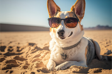 Fototapeta na wymiar Dog with sunglasses on the beach 