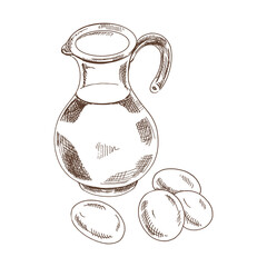 A hand-drawn sketch illustration of water or milk jug and a chicken eggs.  A drawing highlighted on a white background. Vintage element for the design of labels, packaging and postcards.