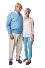 Mature couple, marriage and retirement together in portrait with commitment in relationship isolated on white background. Happiness with old people and life partnership with wellness for the elderly