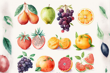 Watercolor fruits set wallpaper on white background - obrazy, fototapety, plakaty