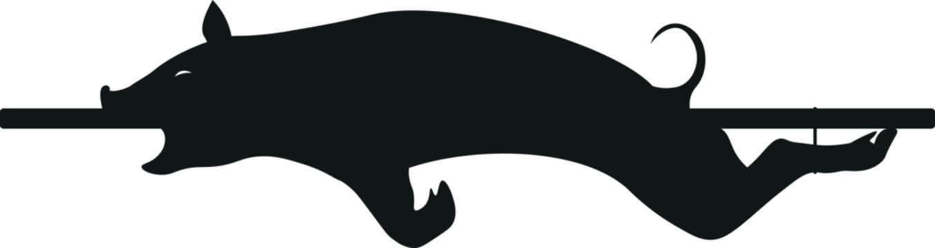 Roast suckling pig on iron logo. Black silhouette vector illustration.