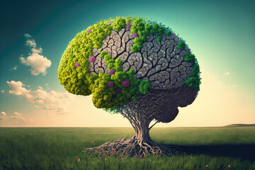 Tree in the shape of brain thinks to environmental solution (ai generated)