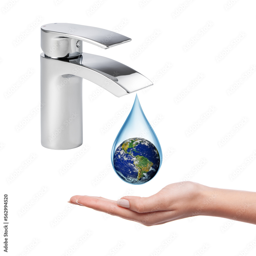 Wall mural concept of water scarcity in the world. earth in a drop of water dripping from the faucet to the han