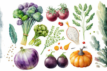 Watercolor vegetables set isolated on white