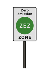 Vector illustration of the ZEZ (Zero Emission Zone) road sign on black metallic pole