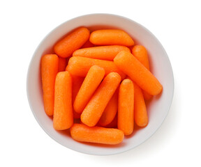 Peeled carrots in a plate on a white background. Top view