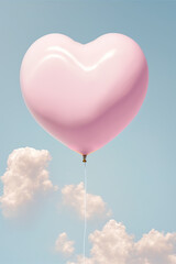 Obraz na płótnie Canvas Minimal love concept of pink heart shaped balloon oo blue sky with white clouds background. Soft pastel colors. Creative Valentine's Day. Illustration. Generative AI.