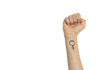 Fist of a girl with a woman's symbol drawn on her arm on a blank background