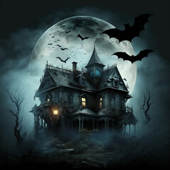 Haunted House with Dark Horror Atmosphere. Halloween Haunted Scene House. AI generated