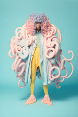 Creative abstract concept of a man standing and posing with a hairstyle octopus with long tentacles. Pastel blue and pink portrait. Illustration. Generative AI.