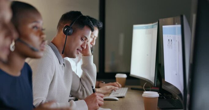 Call center, business man and team communication, global office and telemarketing diversity. Telecom, technical support or virtual help desk agent, consultant or ecommerce worker smile on computer