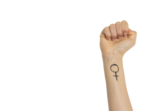 Fist of a girl with a woman's symbol drawn on her arm on a blank background
