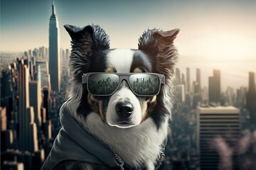 Cinematic landscape of a gangsta with dog sunglasses, a city in the background created by AI
