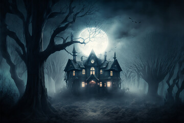 Haunted House with Dark Horror Atmosphere. Halloween Haunted Scene House. AI generated