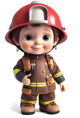 Cute cartoon tiny boy as a firefighter, isolated on white background. Generative art