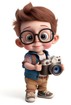 Cute cartoon tiny boy as a photographer, isolated on white background. Generative art