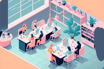 Abstract, beautiful, hardworking pastel office furniture, workplace, working hard in the office. Pleasant pastel working atmosphere. Illustration. Generative AI.
