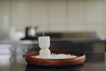 Basic set for home-made natural white eco soy wax candles in glass, wick, perfume. Idea for a hobby, business. Making trendy diy candles without harm to health on white background.