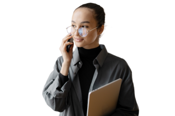 Student manager beautiful woman talking using phone office isolated transparent background.