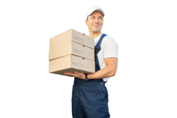 Courier delivery employee male uniform courier company order boxes, insulated transparent background.