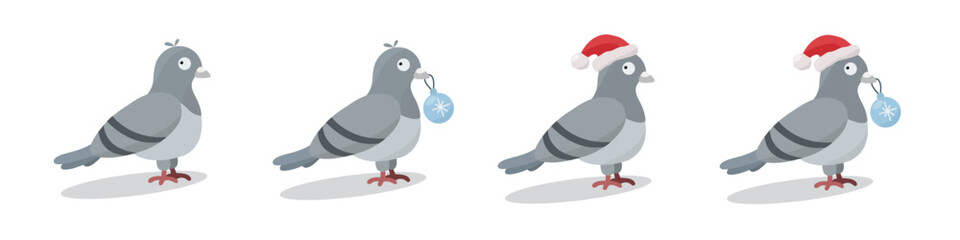 Set of cute colored vector pigeons without outline, with a Christmas ball in its beak, in Santa's hat. New year, Christmas, winter urban theme. 