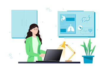 Concept medical with people scene in flat cartoon design. Medical worker studies methods of treatment and medical drugs in her office.