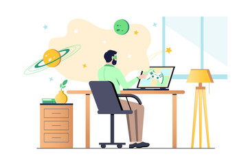 Concept metaverse with people scene in flat cartoon design. Man transported from his room to virtual reality with help of digital gadgets.