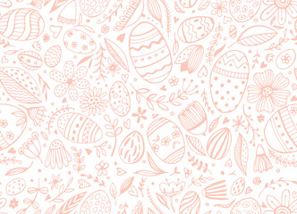 Vector seamless pattern from Easter eggs and flowers. Easter eggs. Traditional Easter ornament. Happy easter. Hand-drawn. Vector illustration.