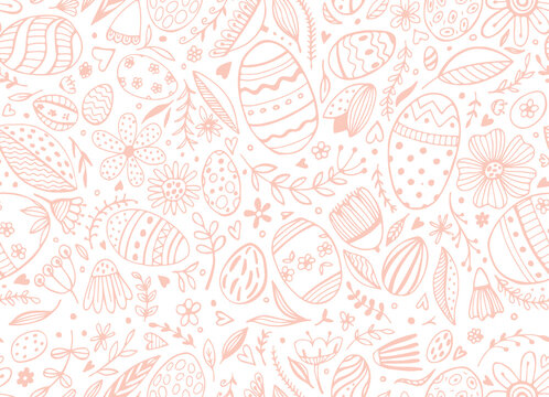 Vector seamless pattern from Easter eggs and flowers. Easter eggs. Traditional Easter ornament. Happy easter. Hand-drawn. Vector illustration.