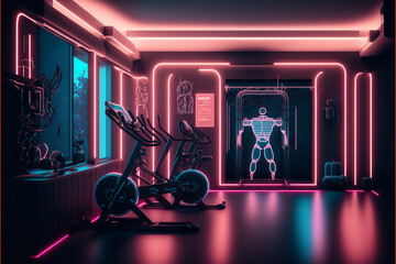 Modern Gym, Neon Illuminated, Futuristic, Cardio and Strength Training, Generative ai